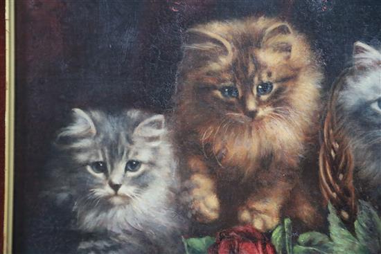 Agnes Augusta Talboys (1863-1941) Persian kittens beside a basket of roses 16.75 x 27.75in.